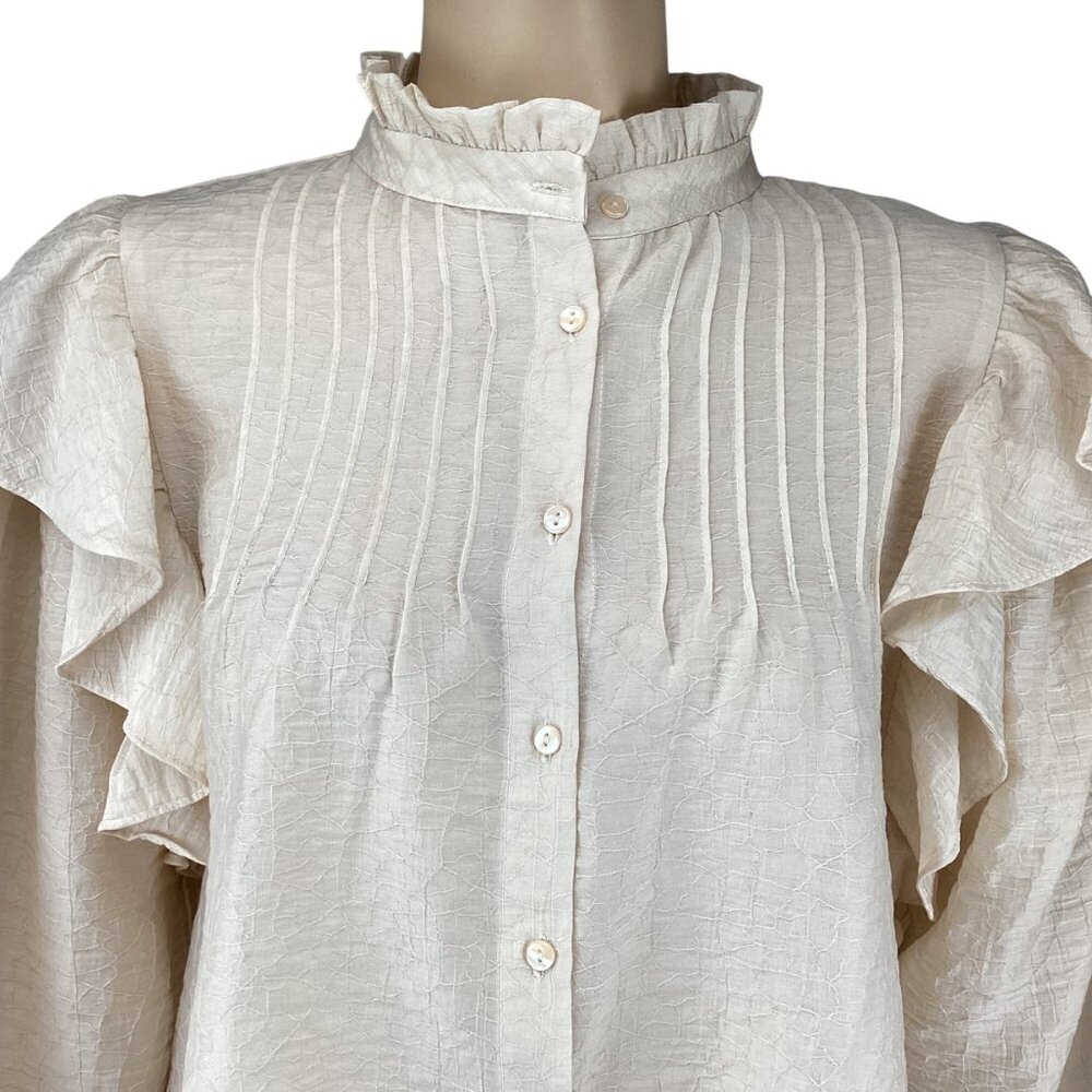 Mng Mango Lyocell Blouse Top Size Small Beige Ruf… - image 3